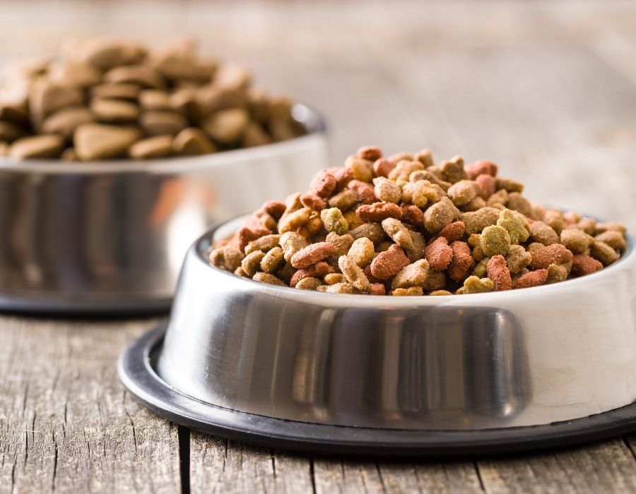 Two stainless steel bowls filled with dry pet food