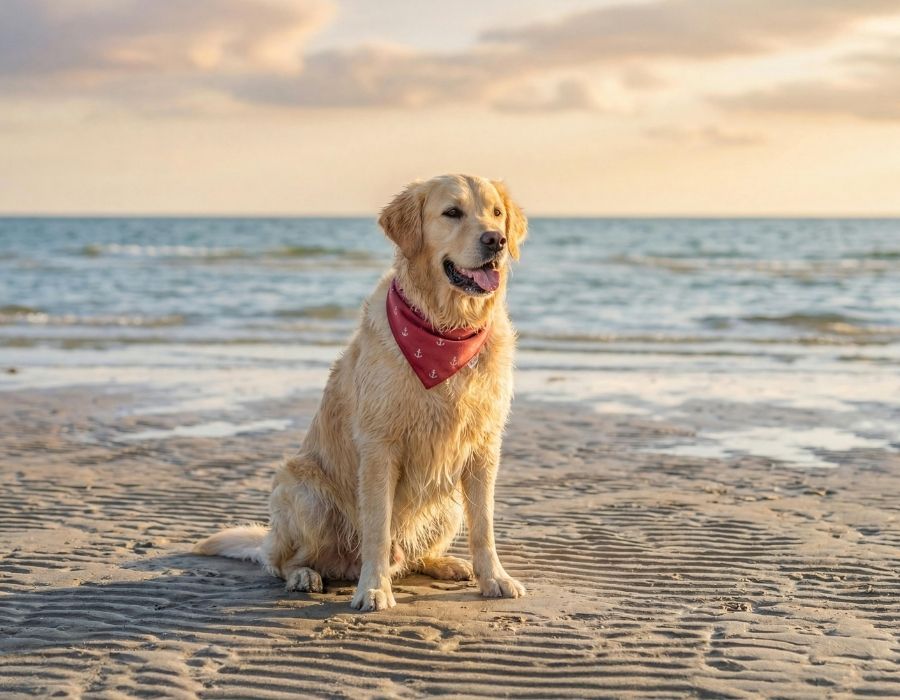 Golden retriever with red bandana sits on a sandy beach at sunset